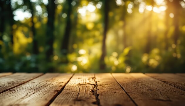 Rustic wooden surface with a blurry, vibrant green forest background bathed in golden sunlight creating a serene and natural atmosphere