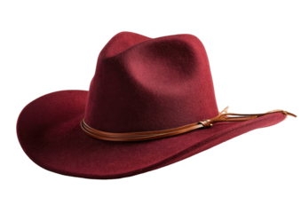 Deep burgundy cowboy hat, angled view.  Wide brim,  smooth texture,  tan leather band