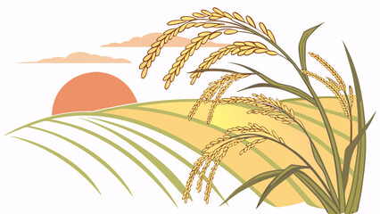 Illustration of rice plants with a sunset in the background © MST SAHIDA  BEGUM 