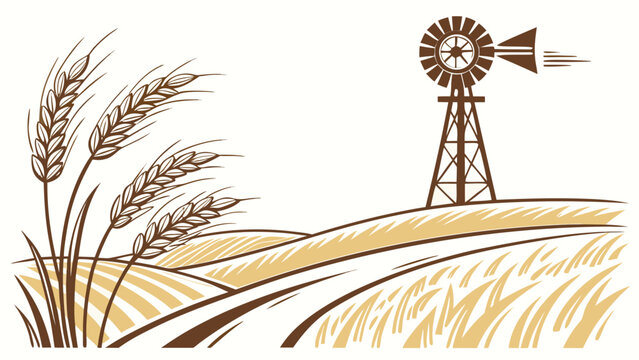 Illustration of a wheat field with a windmill in the background, perfect for creating rural designs