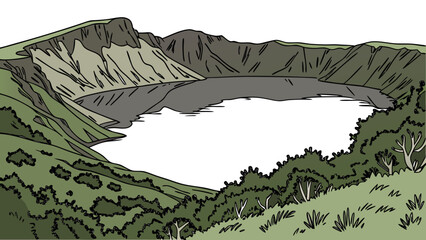 Vector art of a picturesque crater lake nestled in the mountains, surrounded by lush greenery and rugged cliffs, a stunning natural landscape