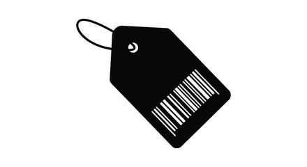A black tag with a barcode and a string loop silhouette