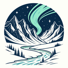 Vector art of captivating mountain landscape with aurora borealis and river, a winter wonderland scene, vector illustration
