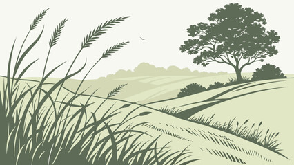 Vector art of scenic countryside landscape with wheat field, tree, and hills, showcasing the beauty of nature on a sunny summer day © MST SAHIDA  BEGUM 