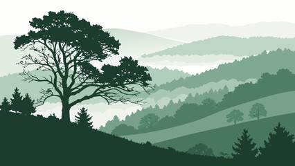 Fototapeta premium Vector art of scenic green landscape with tree silhouette on hill and mountain range in the background
