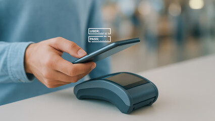 A person using a smartphone to make a payment at a contactless payment terminal in a modern setting.