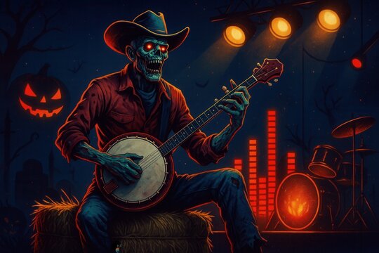 Halloween zombie cowboy plays banjo on stage surrounded by drums, hay bales, pumpkins, glowing lights, and spooky trees in a musical undead countryside setting
