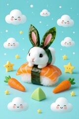 Adorable bunny sushi character with smiling clouds creates whimsical joy for children's designs and delightful treats