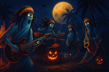 Halloween ghostly reggae band performs at night with electric instruments, glowing jack-o-lanterns, palm trees, full moon, and bats in a tropical spooky setting