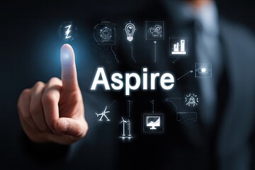 Hand touching screen displaying "Aspire" surrounded by technology icons, representing ambition and innovation