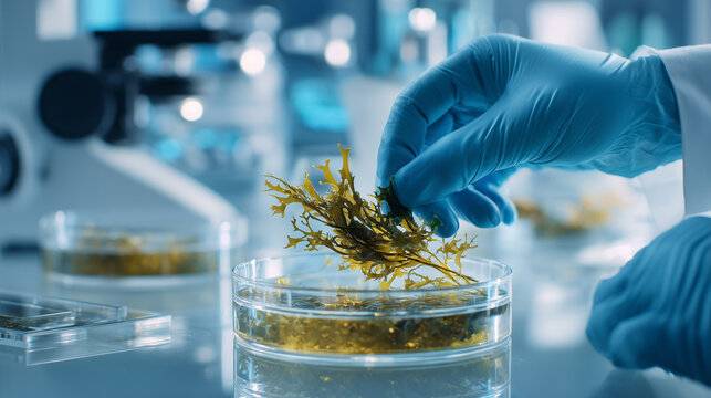 Scientist Analyzing Seaweed Sample in Petri Dish Laboratory