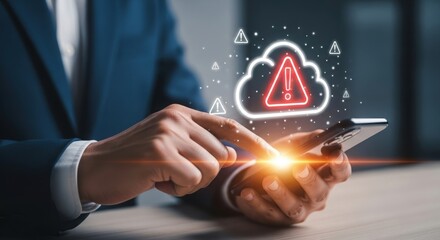 Businessman using smartphone with glowing cloud warning symbol and digital data overlay technology concept