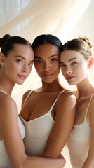 Obraz premium Three beautiful women with different skin tones wearing white tank tops pose closely with soft natural light creating warm