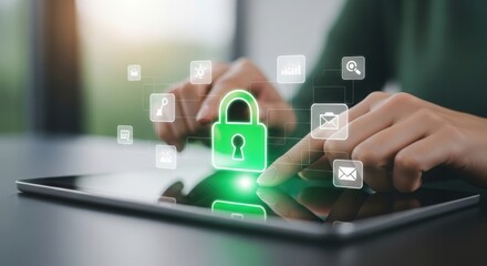 Person interacting with a digital tablet displaying a glowing green padlock and security icons symbolizing data protection