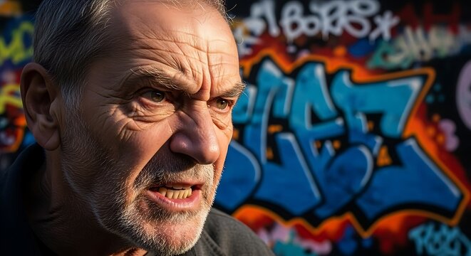 Intense portrait of an elderly man with a concerned expression set against vibrant graffiti wall backdrop capturing urban essence