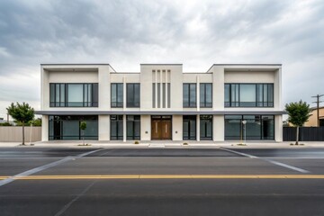 Modern triplex building facade with clean lines and large windows under a cloudy sky