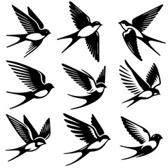 Illustration of nine swallow birds in flight with detailed wing and tail feathers in black and white design