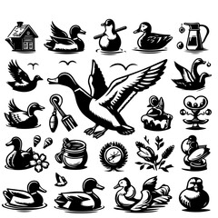 A collection of black and white duck illustrations with various objects and decorative elements set together