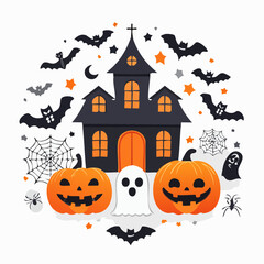 Spooky Halloween Night Haunted House, Pumpkins, Bats, and Ghosts