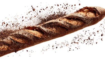 Long loaf of artisan bread, dark crust, scattered crumbs
