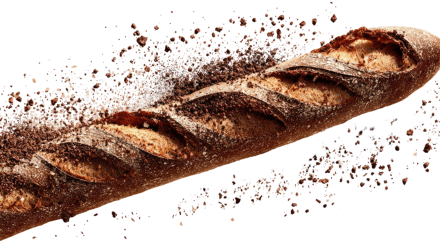 Long loaf of artisan bread, dark crust, scattered crumbs