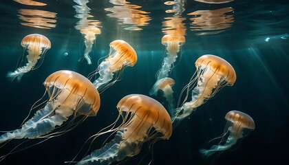 Translucent sea nettle jellyfish gracefully swim in the deep blue ocean, their ethereal forms glowing in the dark marine life