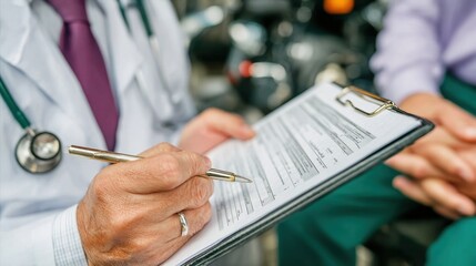 Doctor compiling medical record filling out a document on a clipboard during a checkup visit with a patient