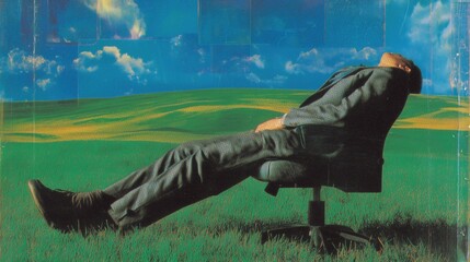 A surreal collage of a businessman in a suit draped upside down exhausted over an office chair in the middle of a vast green field