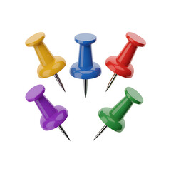 Five colorful push pins in yellow, blue, red, purple, and green on transparent background