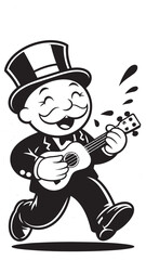 Happy Cartoon Man with Top Hat Playing Ukulele Black and White Illustration