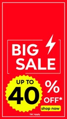 Modern red big sale banner design with up to 40% discount offer, perfect for mobile ads, social media promotions, e-commerce sales, fashion store offers, and digital marketing campaigns, vertical 
