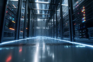 A server room with blinking lights and humming machines An AI tool is scanning data packets in real time The mood feels precise and vigilant