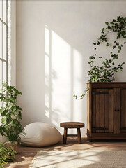 Next to the low legged table is a cabinet surrounded by small green plants with a white wall as the background and a blank space in the bottom left corner for desi