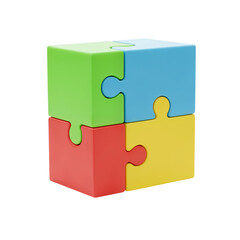 Colorful cube constructed from four interlocking puzzle pieces forming a single block isolated on transparent background