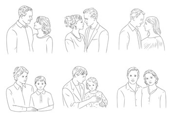 Illustration of Diverse Families and Couples Drawn in Line Art Style with Expressions of Love and Concern