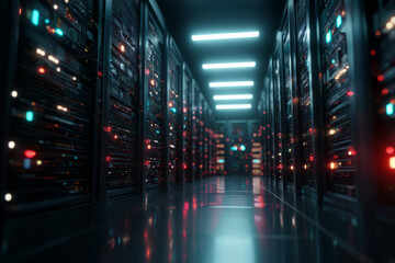 A server room with blinking lights and humming machines An AI tool is scanning data packets in real time The mood feels precise and vigilant