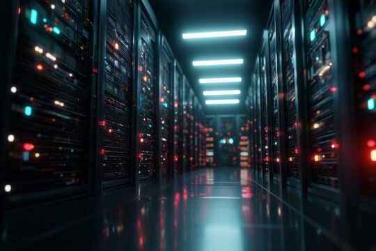 A server room with blinking lights and humming machines An AI tool is scanning data packets in real time The mood feels precise and vigilant