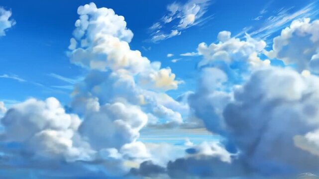 Airy blue sky filled with white, billowy clouds, some tinged with pale yellow light