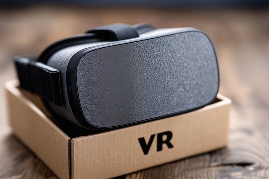 Black VR headset on cardboard box, virtual reality tech unboxing concept
