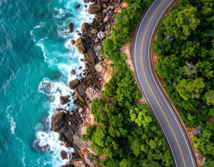 Scenic coastal road winding through lush green forest beside turquoise ocean waves crashing on rocky shore