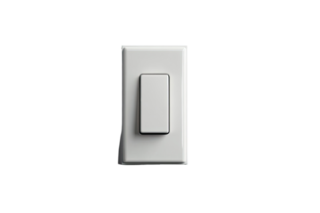 A white electrical wall switch.  Solid white rectangular plate houses a simple, rectangular on/off switch.  Clean, minimalist design against a stark black background