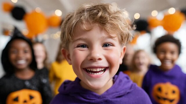 A boy in a purple sweater smiles widely at a lively Halloween celebration with friends. The background is filled with festive decorations and cheerful faces, creating a joyful atmosphere