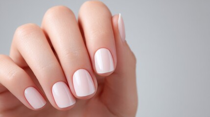 Close-up of a feminine hand with neatly manicured nails painted in soft pink polish.