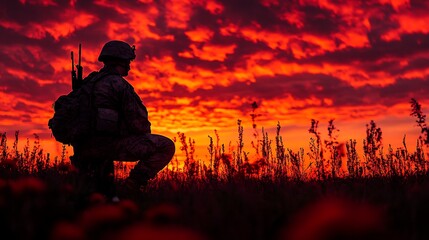Obraz premium Silhouette of a soldier crouching in field against vivid orange sunset sky