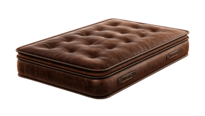 Brown leather upholstered mattress, rectangular shape, tufted top