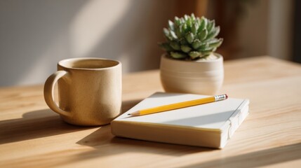 Cozy workspace with mug notebook and succulent plant on wooden surface.