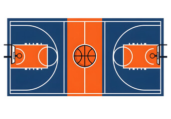 Vibrant basketball court scene with center court ball graphic, perfect for sports promotion or game day visuals, capturing dynamic action.