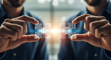 Two Businessmen Connecting Digital Puzzle Pieces:  Synergy, Collaboration, and Technological Innovation in the Modern Workplace.