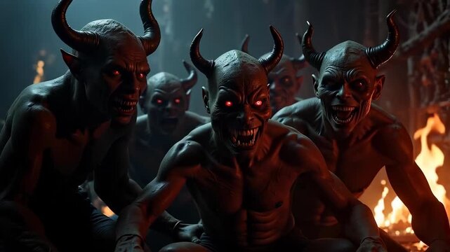 Terrifying AI-generated monsters with evil faces create a chilling Halloween atmosphere for your spooky video projects.