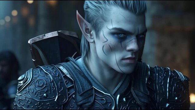 A group of fantasy warriors, featuring an intense elf character with facial markings, set in a mystical, dark forest environment.